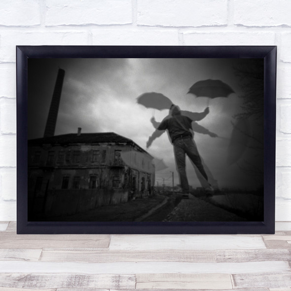 Man Umbrella Multiple Captures Building Black White Wall Art Print