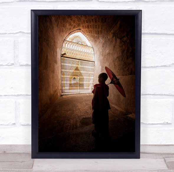 Stand And Still monk child oriental umbrella tunnel Wall Art Print