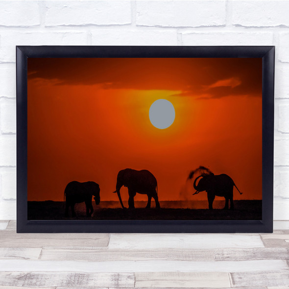 Africa Sunset Sun Red Orange Elephants Dust nature Wall Art Print