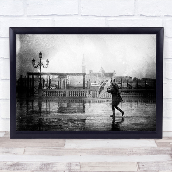 black and white street view raining storm umbrella Wall Art Print