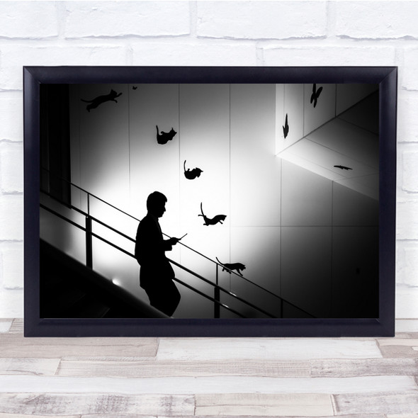 Falling Cats black and white man silhouette stairs Wall Art Print