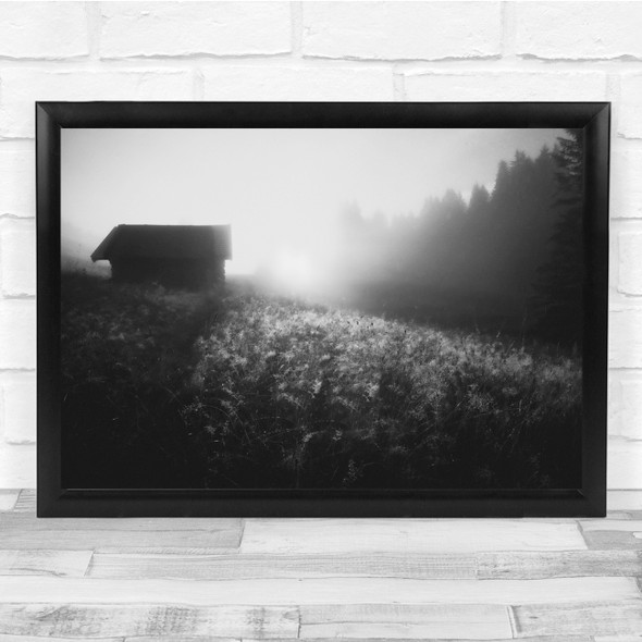 Landscape Hut Sunrise Forest Morning Black & White Wall Art Print