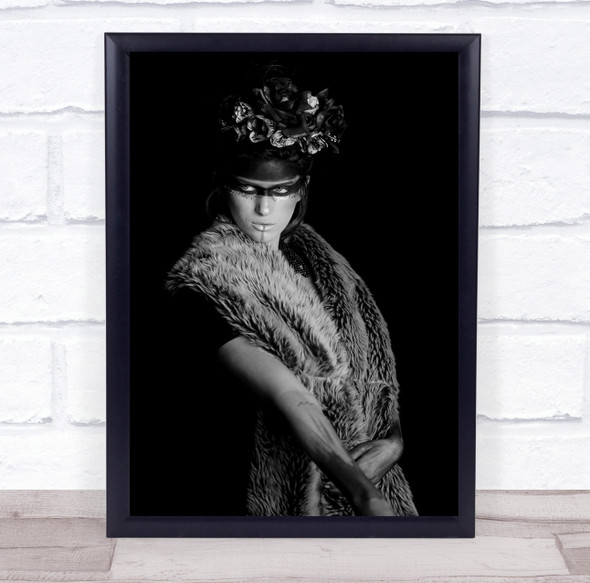 Portrait In Black And White fur jacket mask floral Wall Art Print