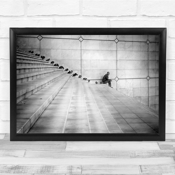 Sitting Birds Staircase Funny Humour Black & White Wall Art Print