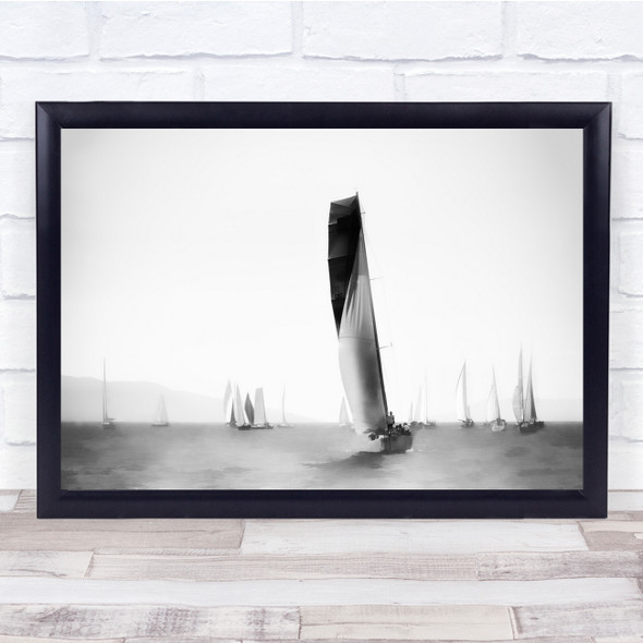 Black & White Boats Race Sail Sailboat Water Blur Wall Art Print