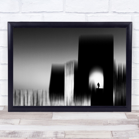 Blurry building person silhouette black and white Wall Art Print