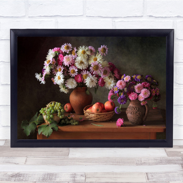 Bouquet Flowers Decor Indoor Asters Grapes Apples Wall Art Print