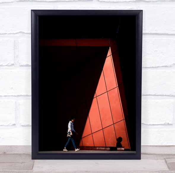 Exhibition Centre red building man walking shadow Wall Art Print