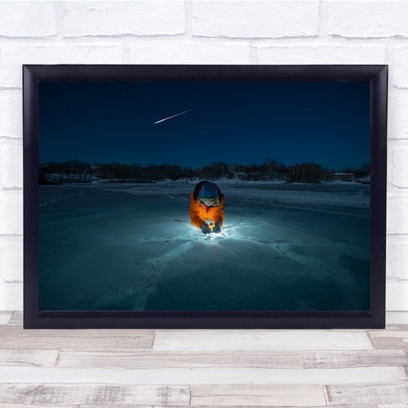 Landscape Blue Boy on Ice Lake with Light at Dusk Wall Art Print