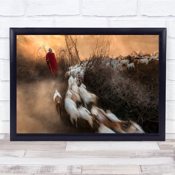 Masai Village Morning Blur Movement Shepard Goats Wall Art Print