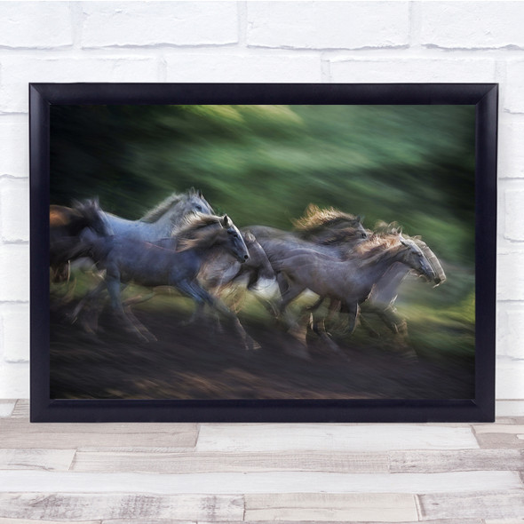 Motion Blur Running Fast Group of Horses Greenery Wall Art Print