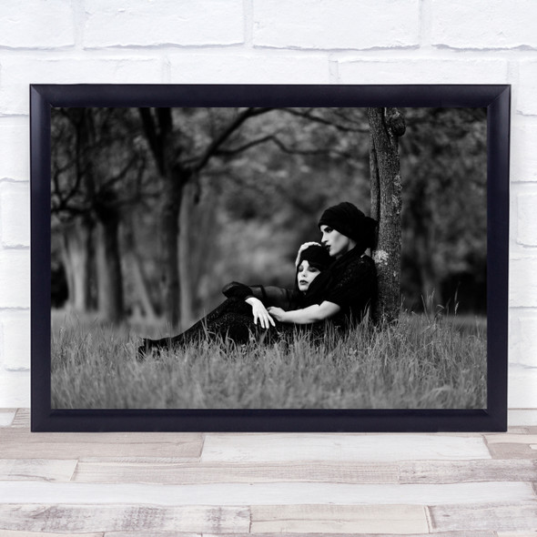 Couple Lying Together Under Tree black and white Wall Art Print