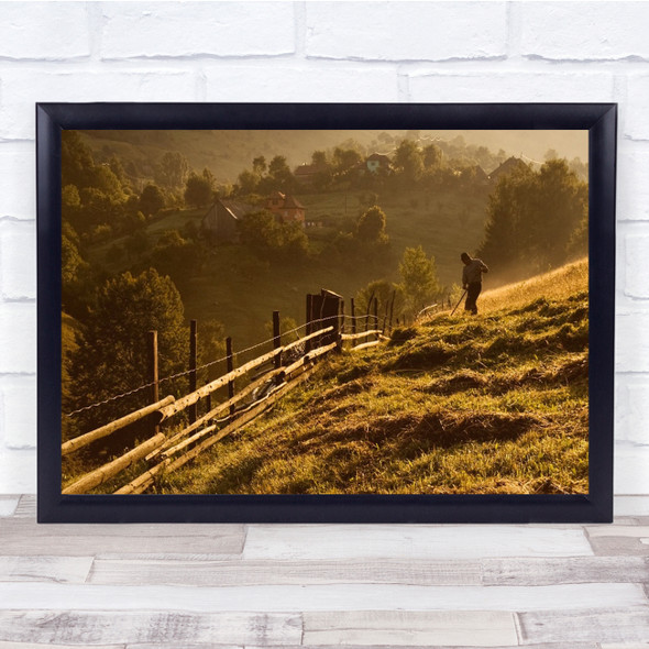 Hay Sunset Landscape Man Person Work Agriculture Wall Art Print