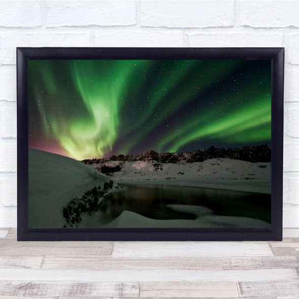 Iceland Winter Snow Night Landscape Green aurora Wall Art Print