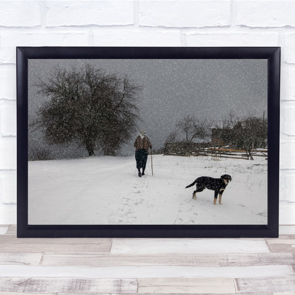 Landscape Person Walking Dog In The Snow At Dusk Wall Art Print