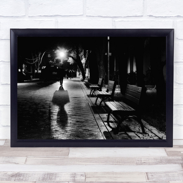 Late Night Walks black and white walking benches Wall Art Print