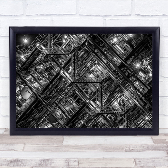 Night Metal Pipe Factory Black & White Staircase Wall Art Print