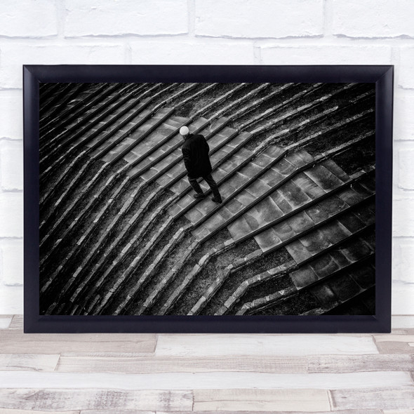 person walking Steps aerial view black and white Wall Art Print