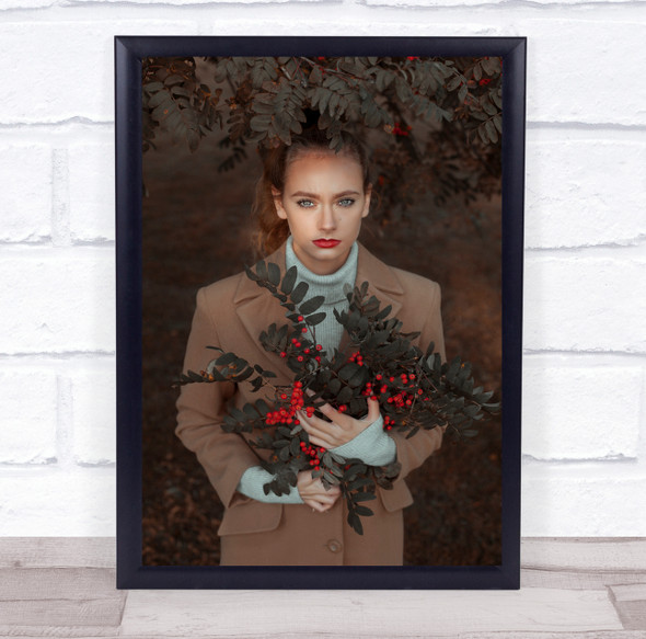 Portrait Woman Girl Autumn Redlips Brown Daniela Wall Art Print