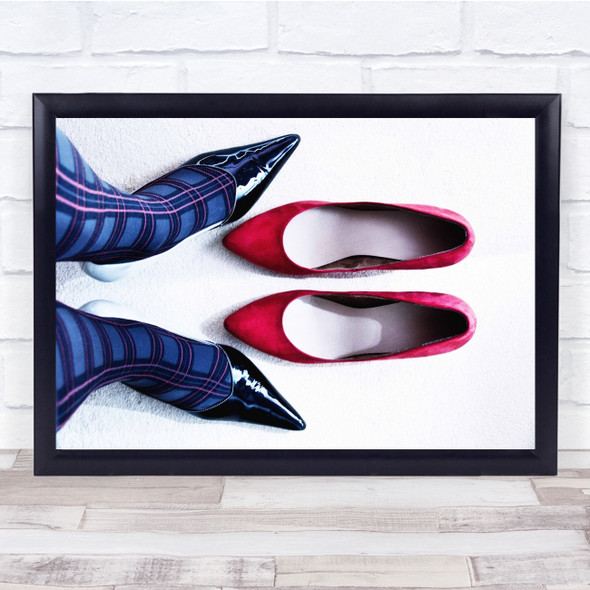 Shoes Red and Blue Feet Tights White Floor Heels Wall Art Print