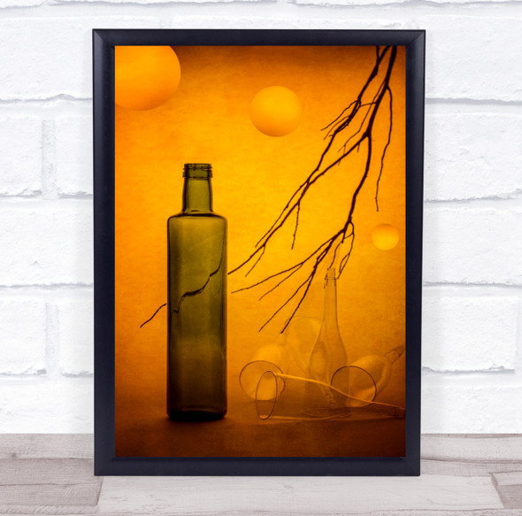 Still Life With Falling Balls orange bottle twig Wall Art Print