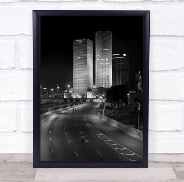 Two skyscrapers motorway at night curve lamppost Wall Art Print