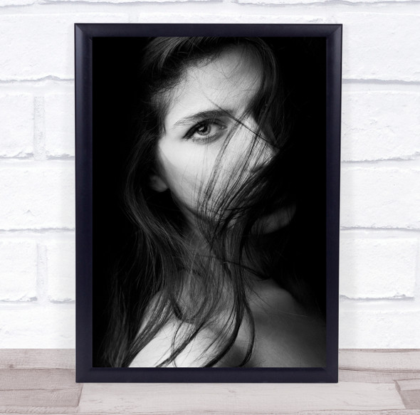 Woman hair in face black and white close up pose Wall Art Print