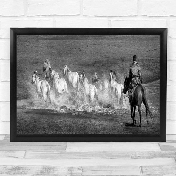 Action Horses Black & White Flock chase texture Wall Art Print