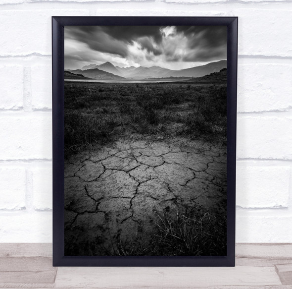 Crack path field mountain cloud black and white Wall Art Print