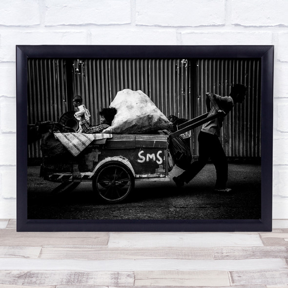 Indonesia black and white man cart Baby working Wall Art Print