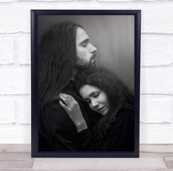 Long haired man and woman hugging embrace happy Wall Art Print