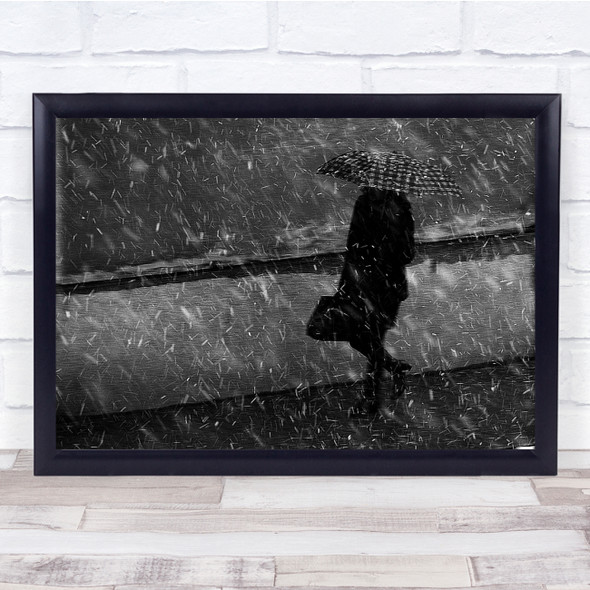 Winter Street Snowfall Umbrella Black White Bag Wall Art Print