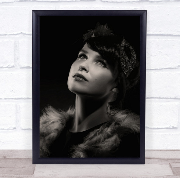 Woman fur coat happy expression black and white Wall Art Print