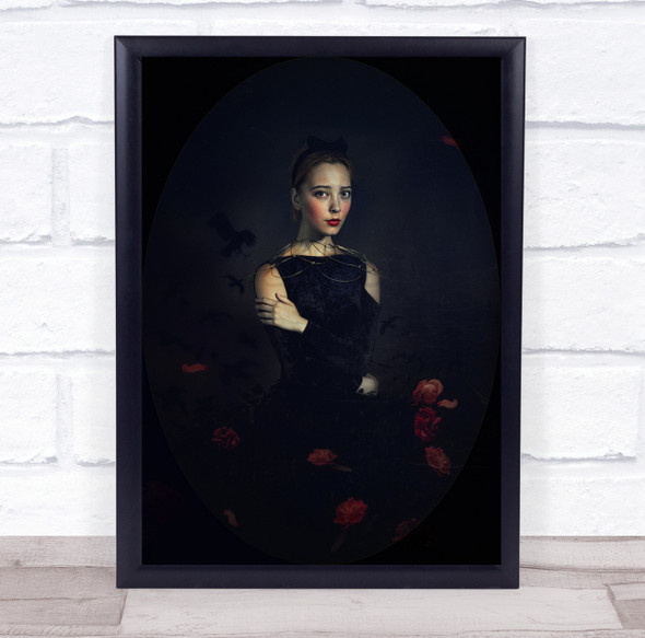 Woman in black dress flowers holding arms birds Wall Art Print