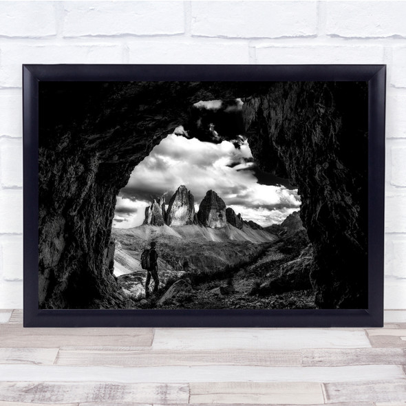 black and white landscape cave hiker mountains Wall Art Print