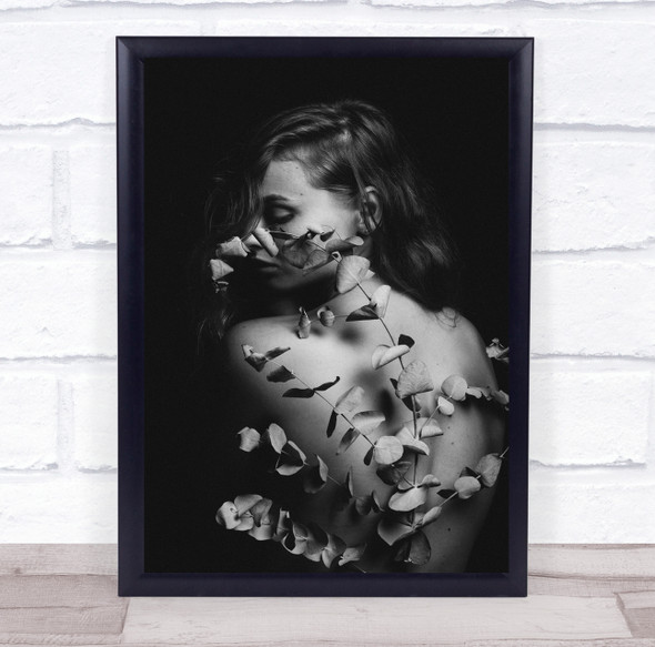 Flowers around woman back pose black and white Wall Art Print