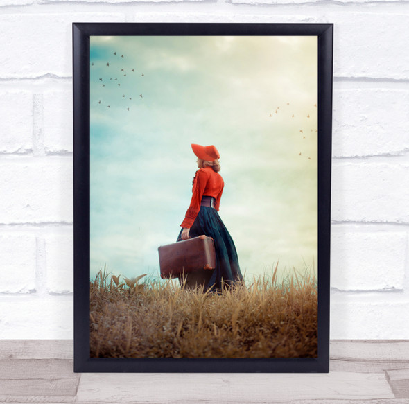 Make Me Stay woman with luggage on wheat field Wall Art Print