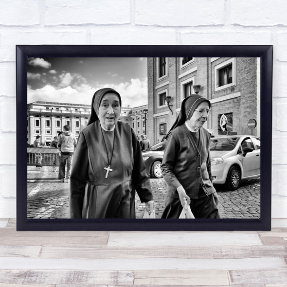 Old woman nun religious street black and white Wall Art Print