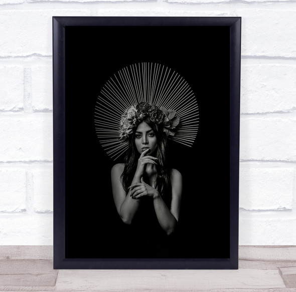 Woman Fan style head wear pose black and white Wall Art Print
