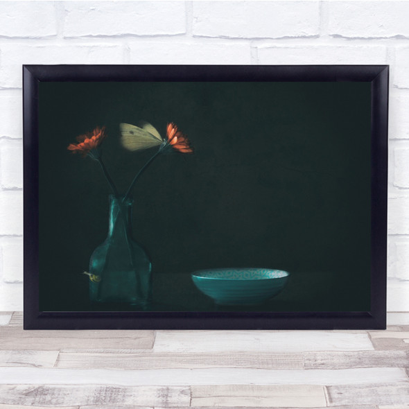 Dark Muggy Green bottle vase butterfly floral Wall Art Print