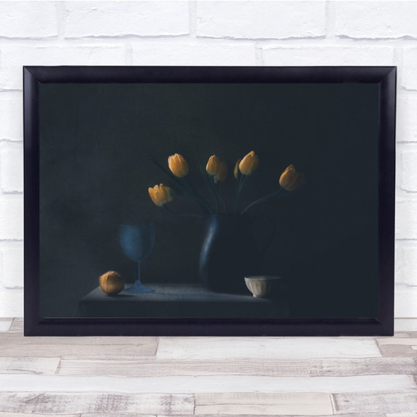 dark still life yellow Tulips vase bowl glass Wall Art Print