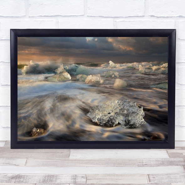 Iceland Laguna Glacier Sea Water Sunrise Wave Wall Art Print