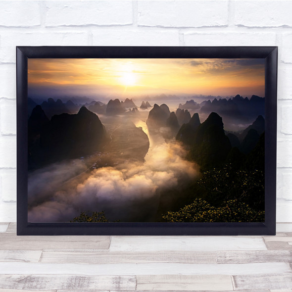 Landscape China Sunrise Light Mount River Sun Wall Art Print