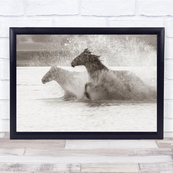 Two Horses running through water splash river Wall Art Print