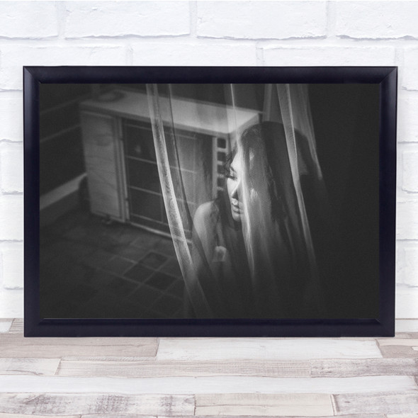 Woman portrait behind curtain black and white Wall Art Print