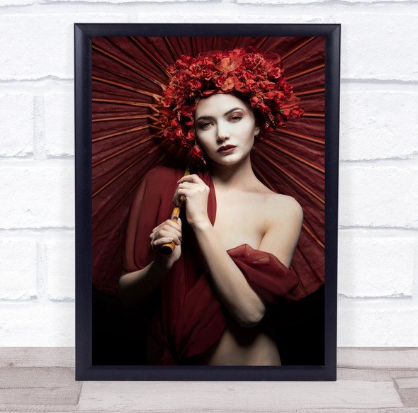 Aichiyo red flowery hair woman pose umbrella Wall Art Print