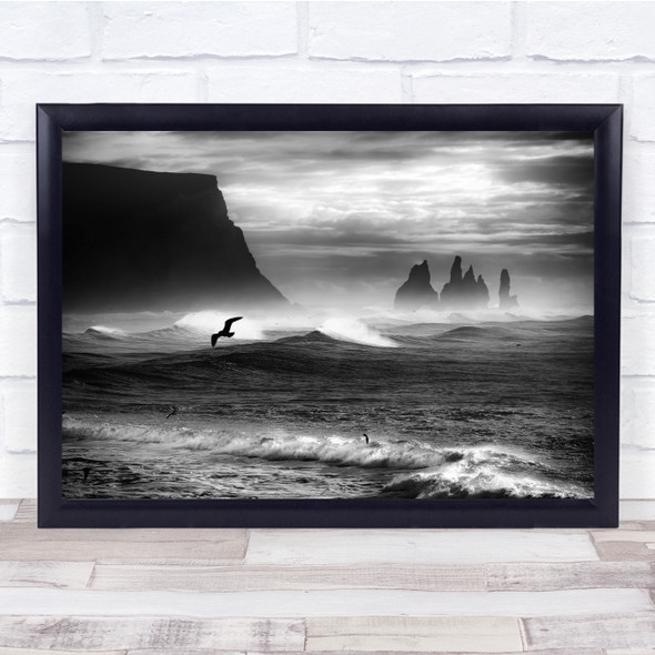 Far Away waves bird mountain black and white Wall Art Print