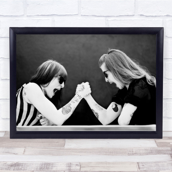 Ladies Arm Wrestle Sun glasses Black & White Wall Art Print