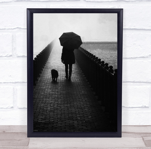 man and dog umbrella walking black and white Wall Art Print