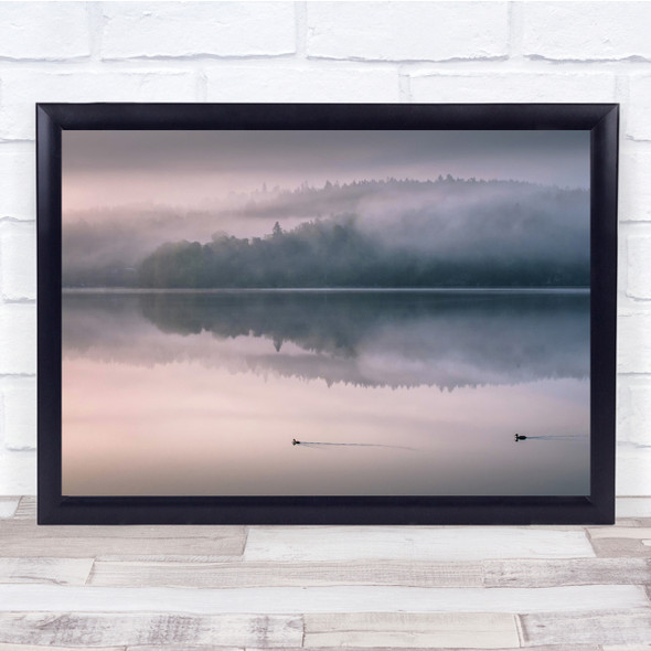 Misty Ducks Swim Water Lake Nature Landscape Wall Art Print